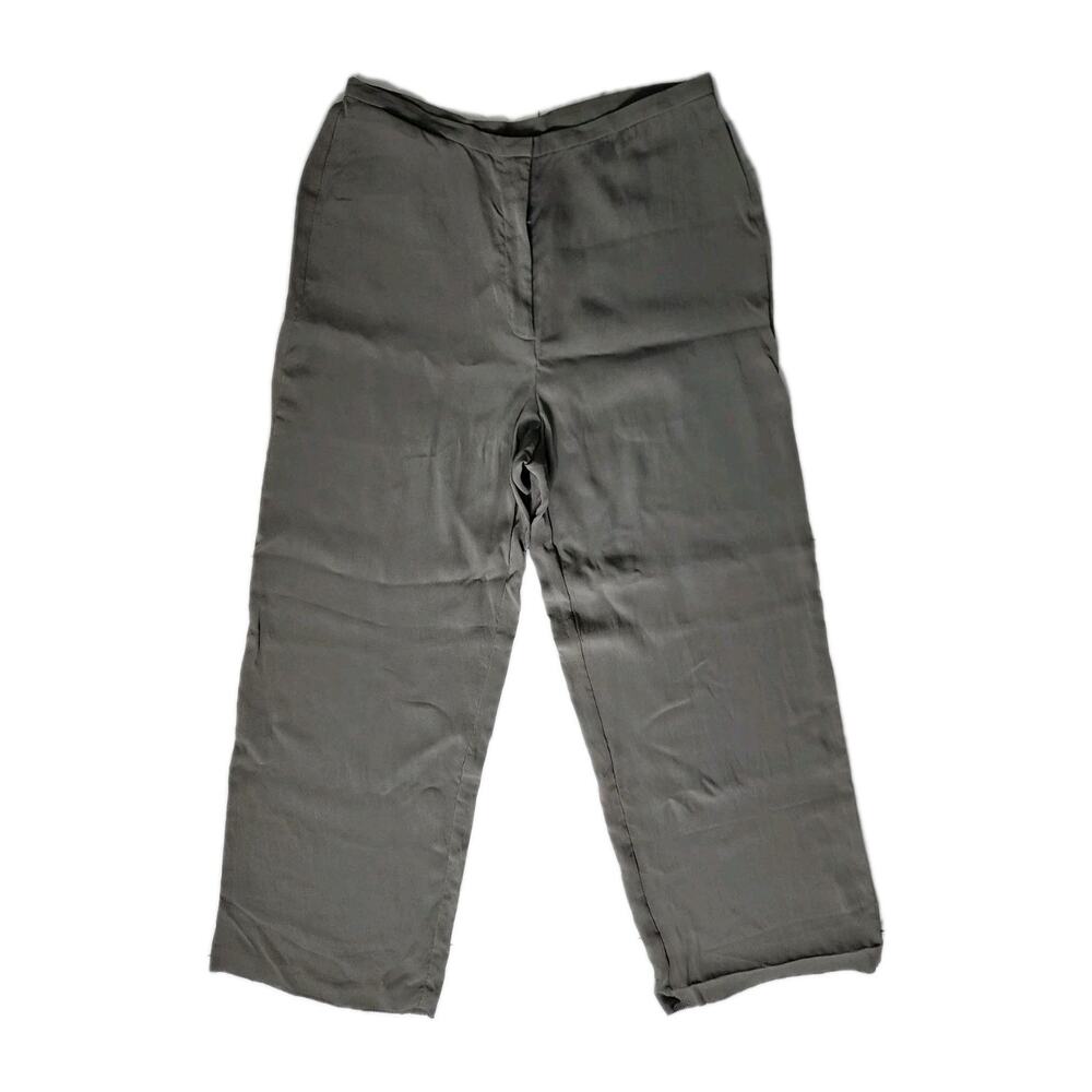 Eileen Fisher Pants Silk Georgette Crepe Wide Leg Zip Green Gray Women’s Size M